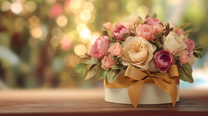 Obraz premium A floral arrangement in a white box with a gold ribbon on a wooden surface with a blurred background