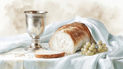 Christian religion  communion is holy sacrament where bread symbolizes body of Jesus Christ and wine represents his blood  commemorating his sacrifice for humanity  religion  communion