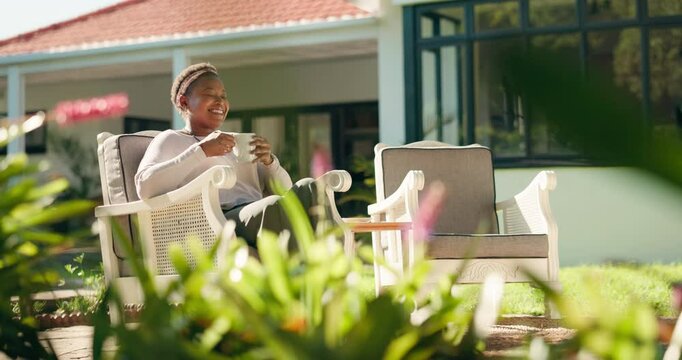 Coffee, outdoor and black woman relax in backyard for calm, peace and break on weekend by home. Smile, thinking and female African person with cappuccino, latte or espresso in garden with drink