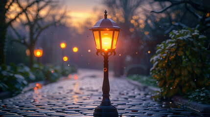 Nostalgic Gas Lamp Illuminating Cobblestone Street at Dusk
