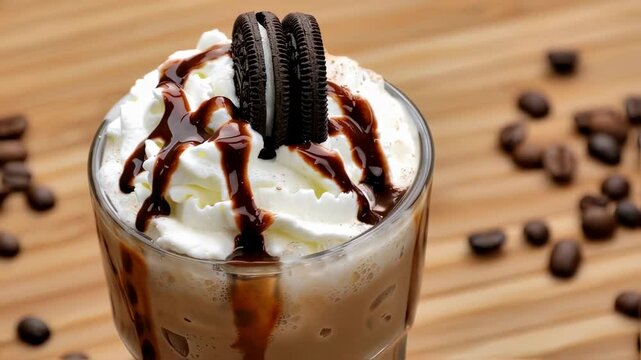 Delicious Oreo Coffee Frappe with Whipped Cream and Chocolate Syrup on Wood Background