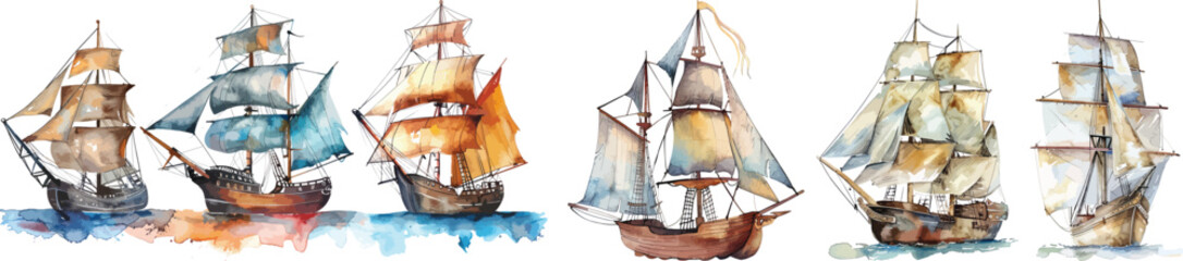 Sailing Ships Watercolor Vector Illustration on White Background. © WatercolorEPS