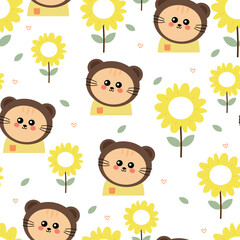 Seamless pattern cute cartoon cat in bear costume and yellow flowers spring. cute animal drawing for spring wallpaper and background