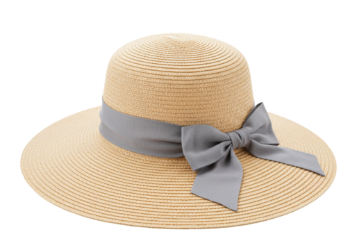 Isolated Straw Sun Hat with Grey Ribbon