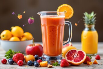 a vibrant smoothie made only with 100% fruit juice, no sugar added, health icons floating, colorful fruits surrounding the blender