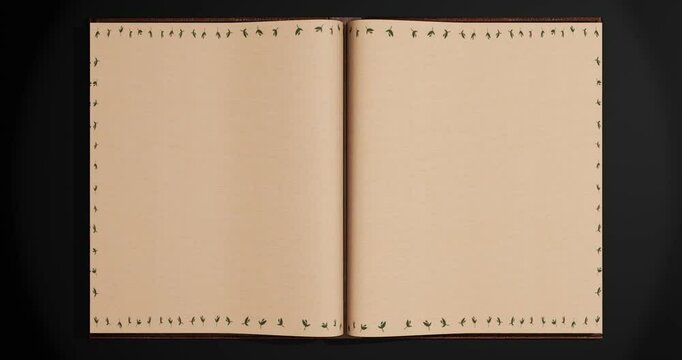 Animated turning pages of an old book with green screen white border photo frames growing on desk- 3d animation 4K	