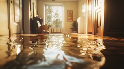 Flooded living room with water covering the floor, furniture partially submerged