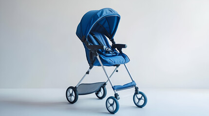 Modern Blue Baby Stroller With Canopy And Gray Wheels