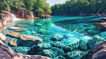 Obraz premium Serene Pool in a Lush Green Forest, Sunlight Illuminates Crystal Clear Water