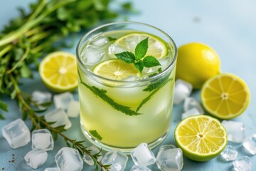 a cold herbal drink made from lemongrass and lime, surrounded by crushed ice and herb sprigs, refreshing and fat reducing summer beverage