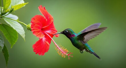 A hummingbird in flight, feeding on a hibiscus flower.