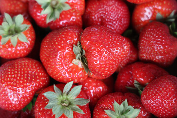Close-up of fresh, ripe strawberries with green stems. Juicy red texture highlighting natural fruit freshness, perfect for healthy eating and organic food concepts.
