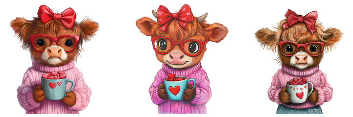 Obraz premium Set of various cow in pink sweater with bow on head, watercolor isolated on transparent background
