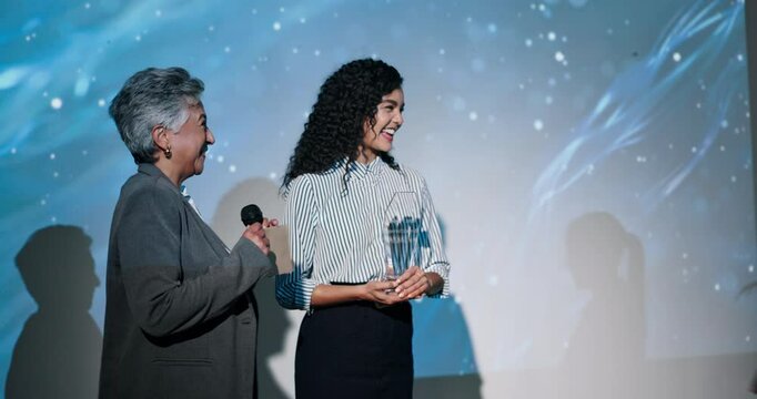 Business people, handshake and award ceremony with nomination at seminar for milestone achievement. Happy group, employees or shaking hands with smile or announcement for trophy or congratulations