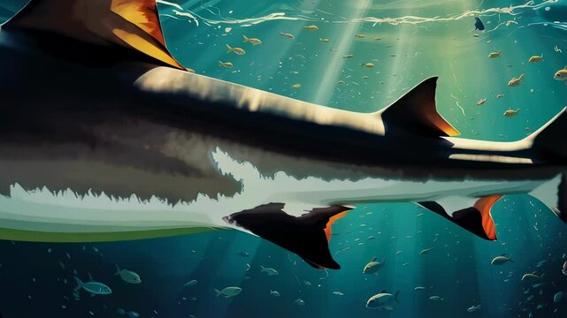 Large hammerhead shark swimming underwater with small fish around. Marine predator habitat. Ocean wildlife concept. Water life footage.