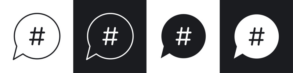 Hashtag icons collection in black and white filled and line versions