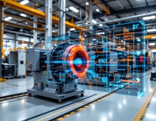 real time iot data feed showing machine vibration and temperature, predictive maintenance ai algorithms visualized on a futuristic factory floor
