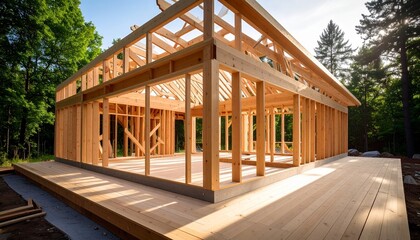 _New house under construction. Wooden frame with truss, post and beams. Manufacture .