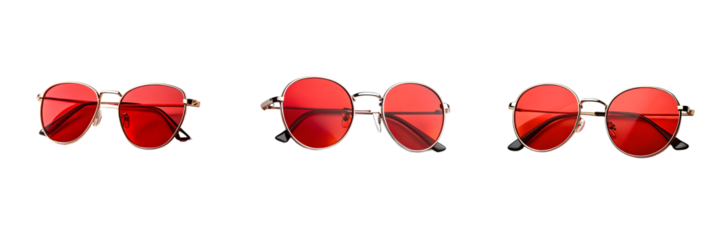 Set For pairs of red round sunglasses isolated on transparent background