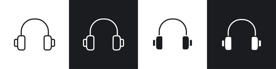 Headset icons collection in black and white filled and line versions