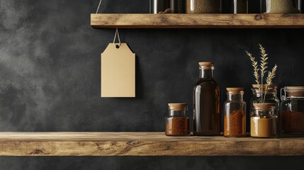 Rustic kitchen shelves with spices and herbs
