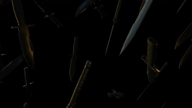 Military Knife Bayonet Fell In Mid Air Alpha is motion footage for commercial films and cinematic in knife scene. Also good background for scene and titles, logos.