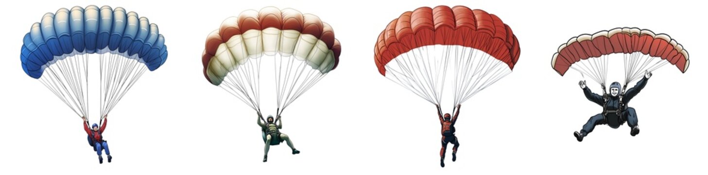 Set of various parachutists isolated on transparent background
