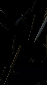 Military Knife Bayonet Fell In Mid Air Alpha is motion footage for commercial films and cinematic in knife scene. Also good background for scene and titles, logos.