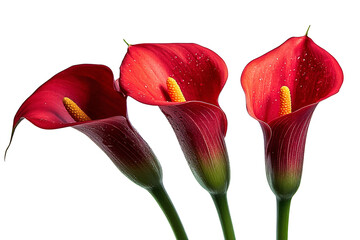 three red calla lilies on white background
