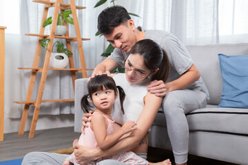 4k, healthy Asian family spending time together in living room with two kids daughter and son,...