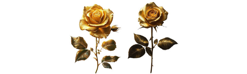 two golden roses isolated on white background