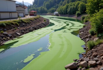 factory wastewater discharge causing algal blooms in a river, green toxic scum covering the surface, disrupting aquatic ecosystems and oxygen levels