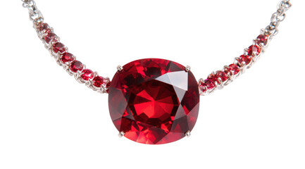 Stunning red gemstone necklace with sparkling ruby pendant and elegant silver chain detailed close up shot of luxury jewelry red gemstone pendant dark on transparent background