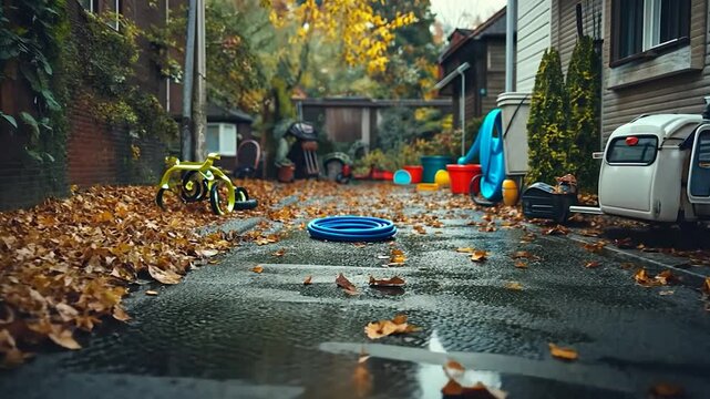Rainy autumn alleyway scene