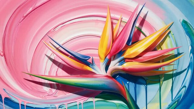 Bright painting of a bird of paradise flower with colorful thick paint strokes, abstract expressionist art concept footage.