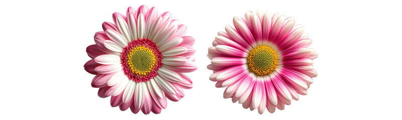 two pink and white gerbera flowers on white background
