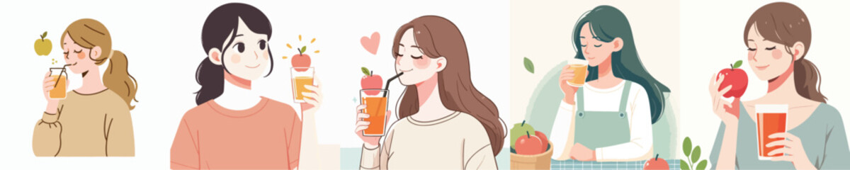vector of a woman drinking apple juice