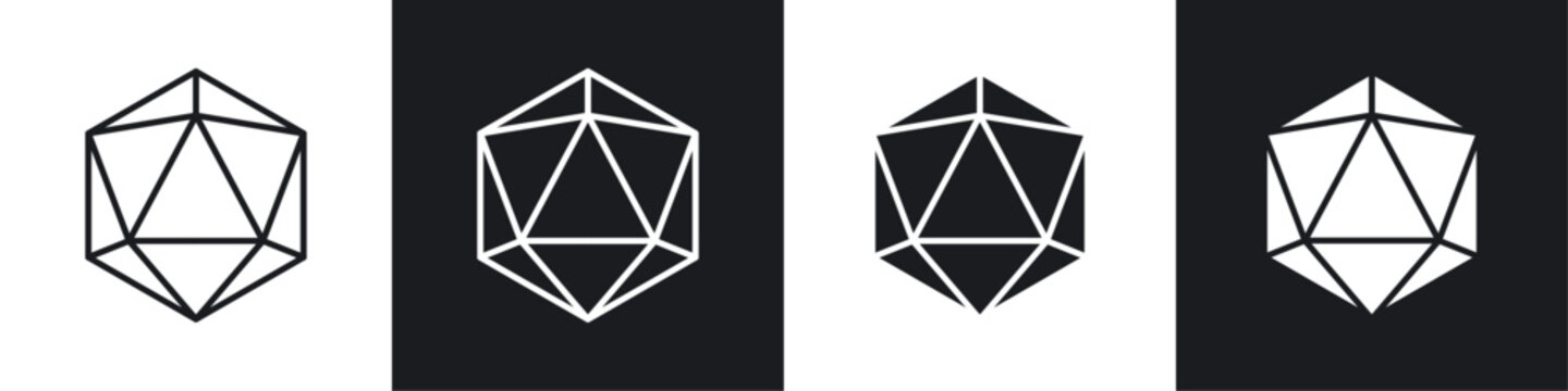 Dice d20 icons collection in black and white filled and line versions