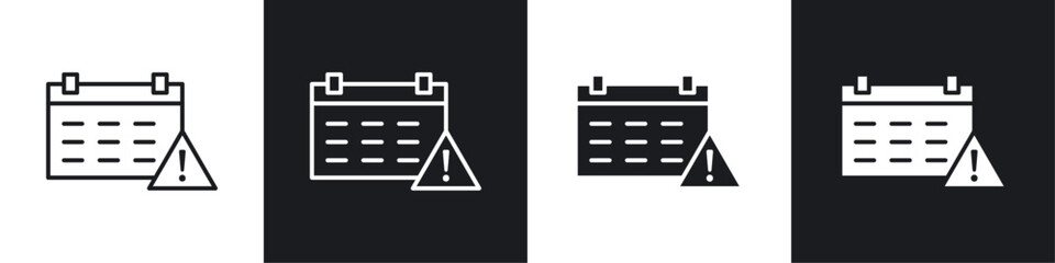 Calendar exclamation icons collection in black and white filled and line versions