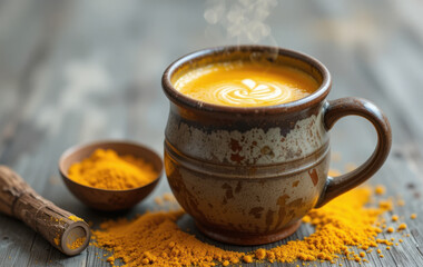 Warm turmeric drink with antioxidants in rustic cup surrounded by spices