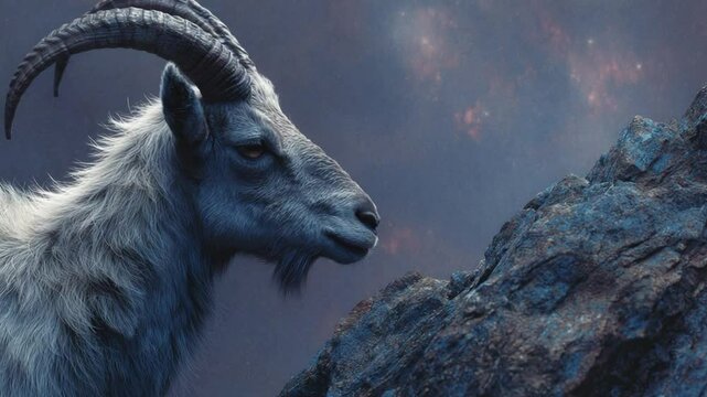 Majestic Markhor Goat with Spiraled Horns on Rocky Mountain in Night Sky background