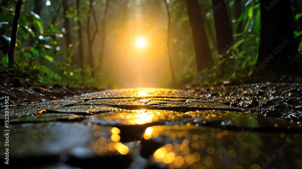Poster Cobblestone path in a misty forest at dawn
