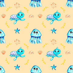 Seamless pattern with cute turtle and octopus, seaweed isolated on peach background. Watercolor illustration sketch