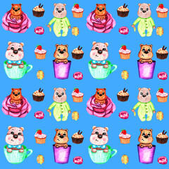Pattern of cute bears with delicious cupcakes on blue background. Watercolor illustrations for kids. Perfect for wallpaper, gift wrap, pattern fill, web page background, summer greeting cards