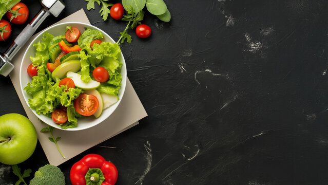 Fresh green salad bowl near dumbbell and various vegetables. Healthy vegan meal concept. Fitness and diet lifestyle on dark background with copy space.