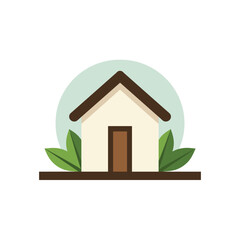 Simple and Minimalist House Icon with Green Leaves and Soft Blue Circle Background Illustration