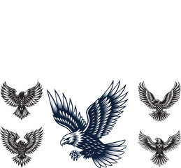 Obraz premium Eagle Vector Set – Flying and Soaring Bald Eagle Silhouettes, Bird of Prey Clipart for Logos and Tattoos