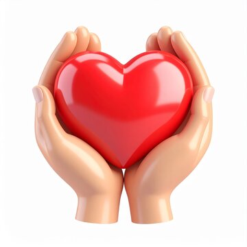 Hands Holding Red Heart Symbol of Care and Love 3d icon in cartoon plastic style minimal isolated on white background, clipping path