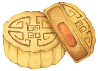 Mooncakes Illustration – Traditional Chinese Dessert for Mid Autumn Festival, Symbol of Prosperity. Watercolor Illustration.