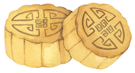 Mooncakes Illustration – Traditional Chinese Dessert for Mid Autumn Festival, Symbol of Prosperity. Watercolor Illustration.